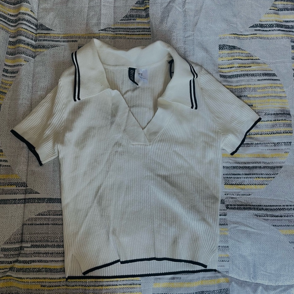 White Ribbed Polo Shirt with Black Trim